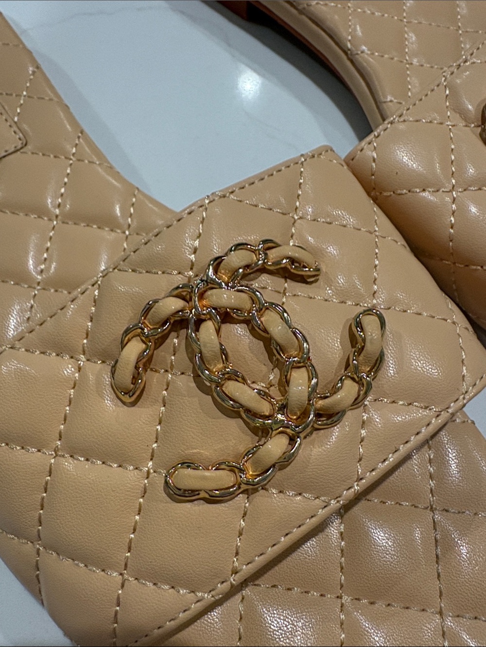 CHANEL Quilted Beige Slide Sandals with Gold CC Chain - Picture 2 of 5